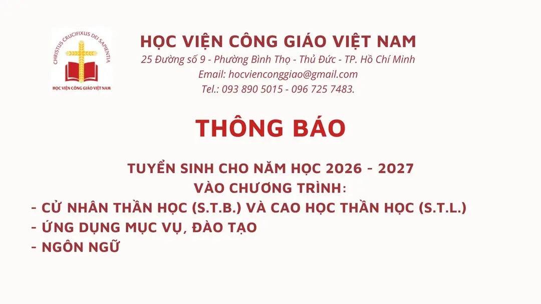 Học viện Công giáo Việt Nam thông báo tuyển sinh chương trình thần học, mục vụ và ngôn ngữ năm 2026