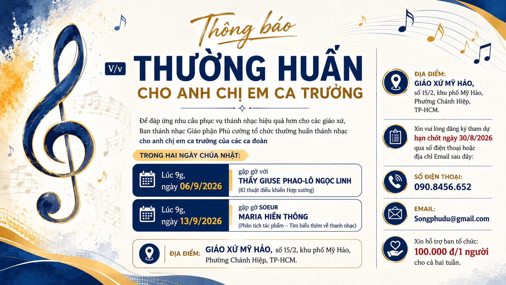 Ban Thánh nhạc Giáo phận Phú Cường thông báo Thường huấn cho anh chị em ca trưởng