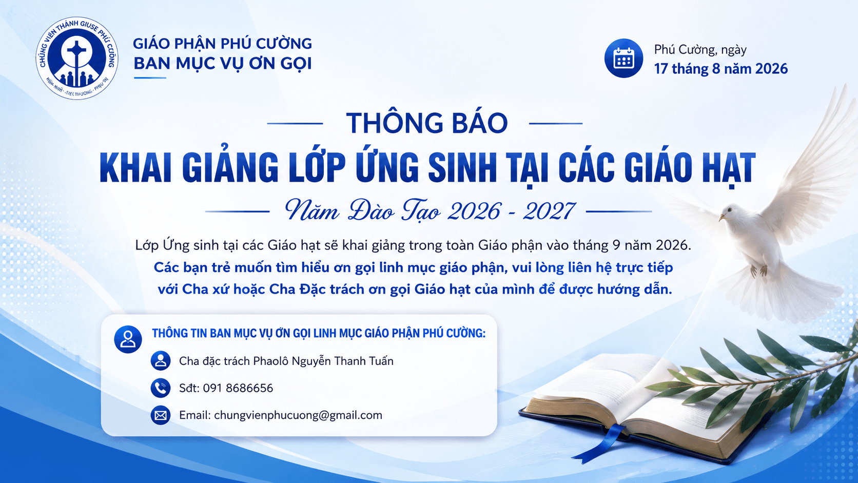 Ban Mục vụ Ơn gọi Giáo phận Phú Cường Thông báo khai giảng Lớp Ứng sinh tại các Giáo hạt