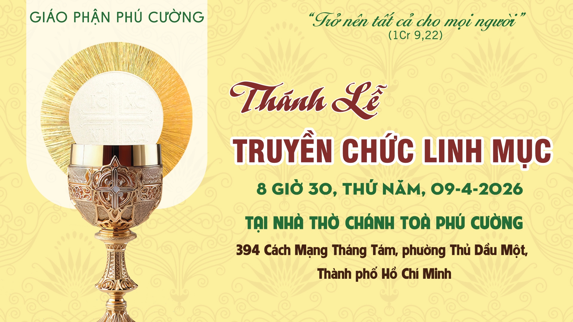 08h30 | TRỰC TIẾP | Thánh lễ Truyền Chức Linh Mục - Giáo Phận Phú Cường | 09/04/2026

