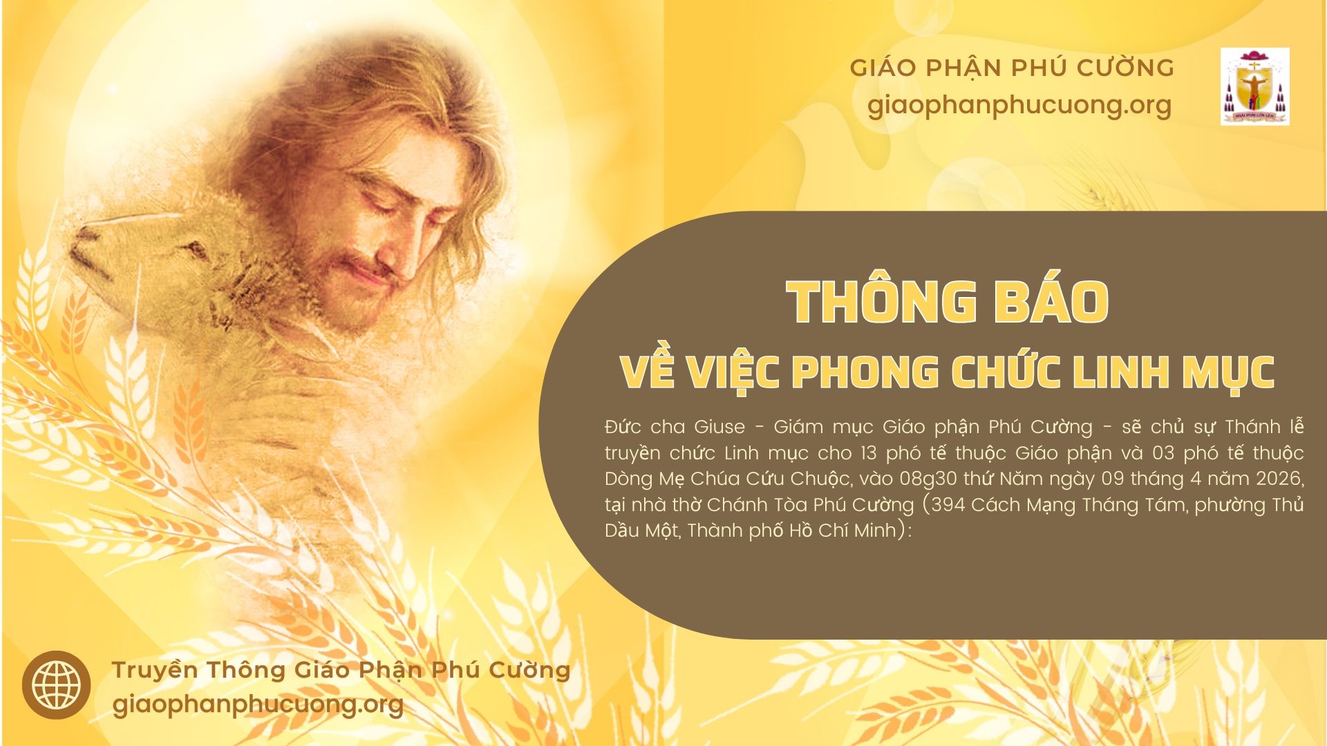 THÔNG BÁO | Về việc phong chức Linh mục | Giáo Phận Phú Cường | 2026