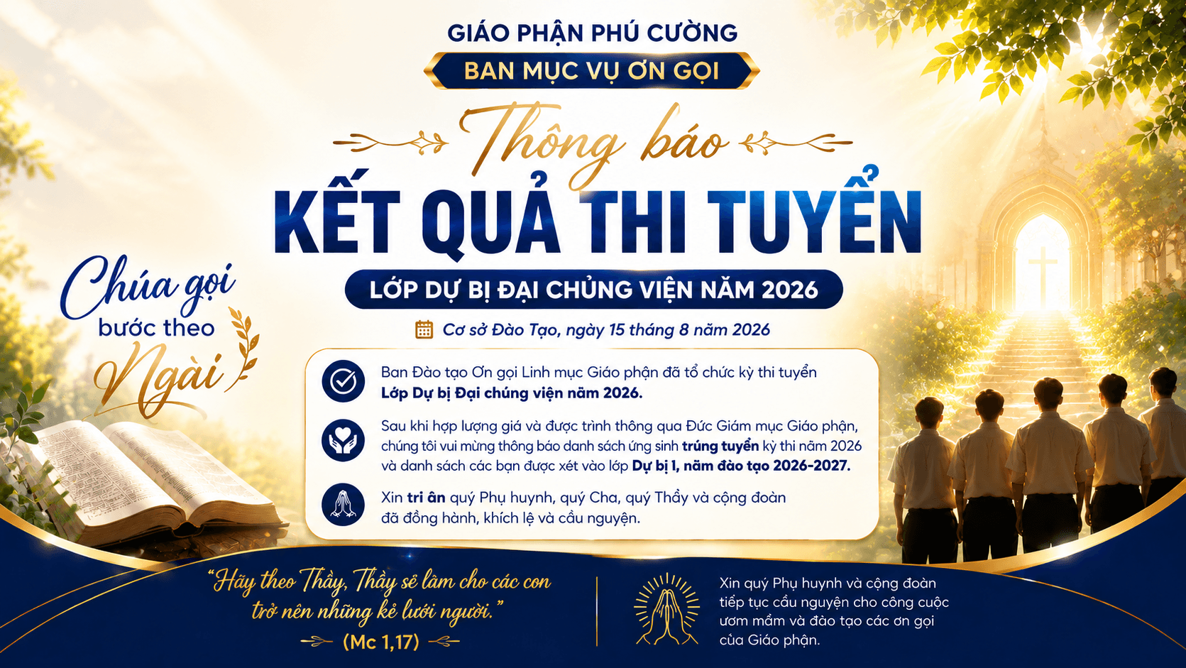Ban Mục vụ Ơn gọi Giáo phận Phú Cường Thông báo kết quả thi tuyển 2026