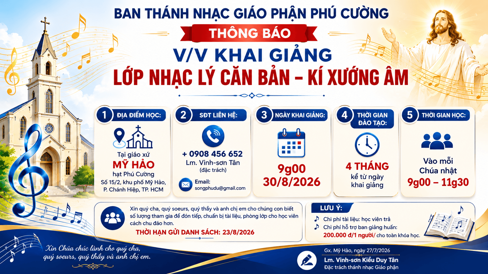 Ban Thánh nhạc Giáo phận Phú Cường  thông báo khai giảng Lớp Nhạc lý căn bản – Kí xướng âm