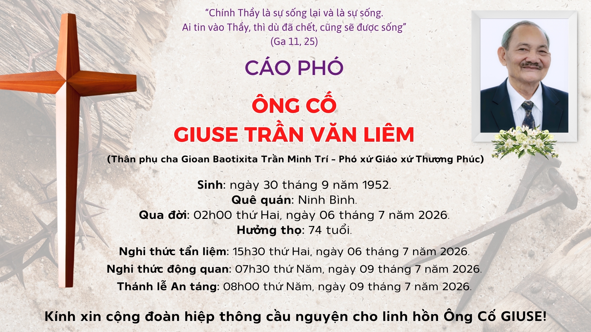 Cáo Phó: Ông cố Giuse TRẦN VĂN LIÊM (Thân phụ cha Gioan Baotixita Trần Minh Trí - Phó xứ Giáo xứ Thượng Phúc)